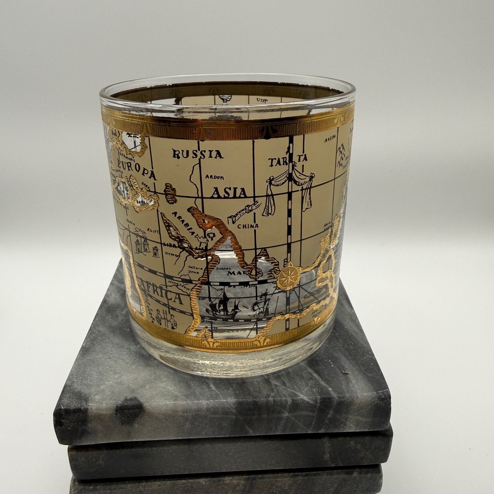 Vintage Cera 22k Gold Old World Map Whiskey Glass Old Fashioned Rocks Barware